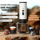 Portable coffee machine one machine three uses showing adapters for ground coffee and capsule styles with 15BAR extraction and wireless heating