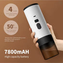 Portable coffee maker with 7800mAh high capacity battery showing estimated cups per charge for cordless brewing