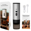 Portable espresso maker package contents showing coffee machine USB charging cable measuring scoop and instruction manual